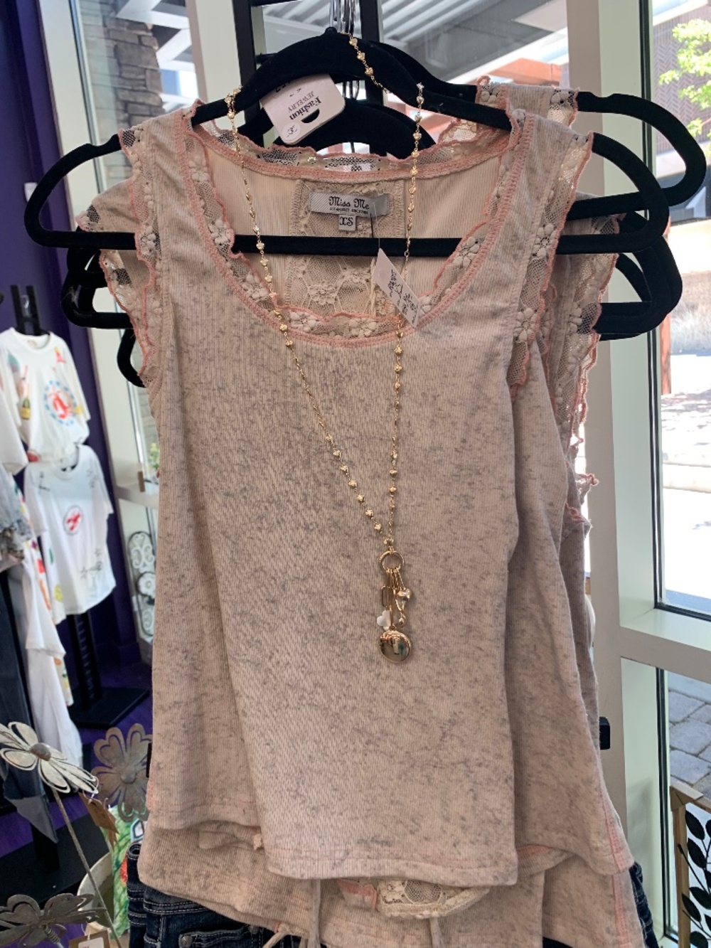 NWT Miss Me peach lace trim tank with lace up back